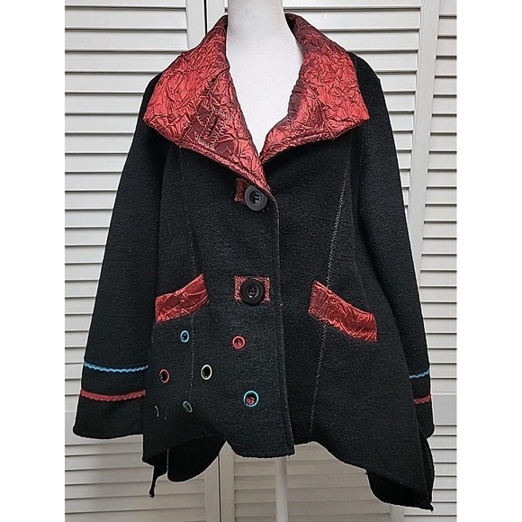 Kaktus Jackets & Blazers - Kaktus SZ M Black 3 Button Wool Blend Jacket Abstract Cut Out Colorful Circles